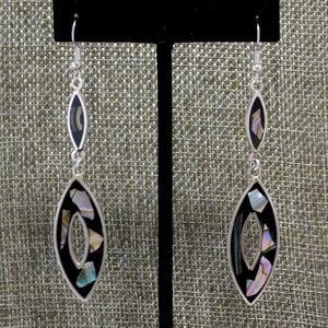 SOLD-----Mexican Dangle Drop Earrings Vintage Alpaca Silver Abalone Shell Black